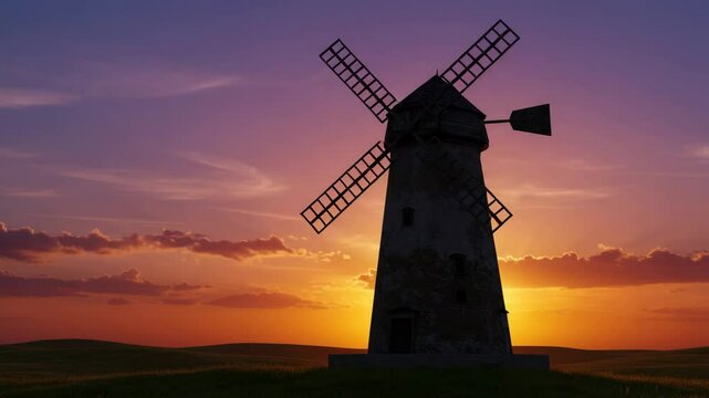 4k video, a windmill in a field of tall grass at sunset, Majestic windmill a vibrant sunset sky. Rustic charm meets natural beauty. Seamless looping 4k time-lapse virtual video animation background. 