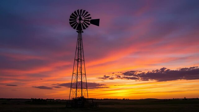4k video, a windmill in a field of tall grass at sunset, Majestic windmill a vibrant sunset sky. Rustic charm meets natural beauty. Seamless looping 4k time-lapse virtual video animation background. 