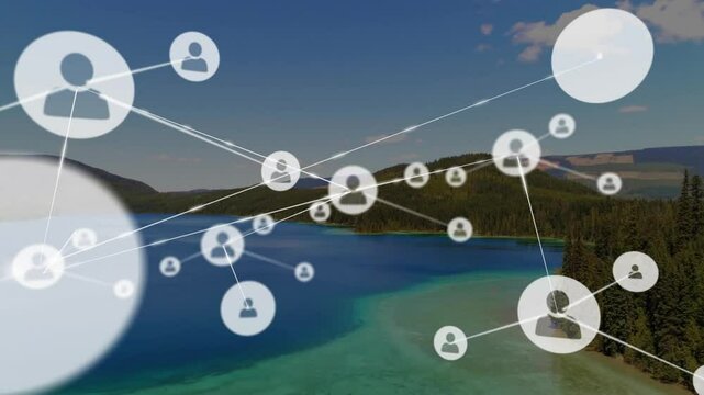 aerial panning over lake initiating translucent avatars emerging, linking, showing network growth
