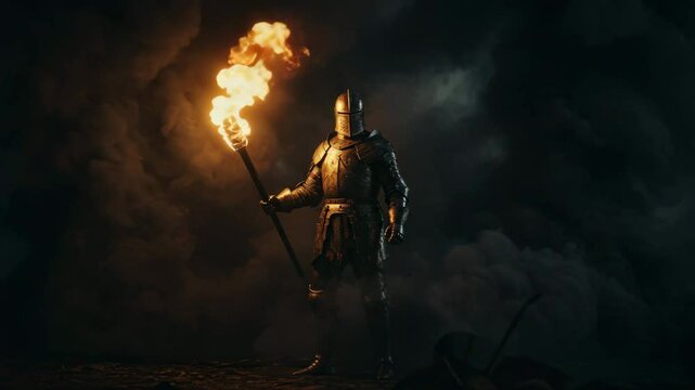 knight in full plate armor and a helmet, holding a flaming torch, 4k video, Courageous knight wielding a flaming torch amidst thick black smoke Seamless looping 4k time-lapse virtual video, 