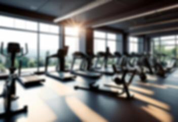 Fototapeta premium Abstract blurred fitness gym with equipment in the background, little sunlight coming in, blurry gym interior.