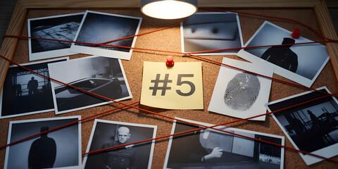 Detective Evidence Board with Photos, Fingerprints, and Red Strings