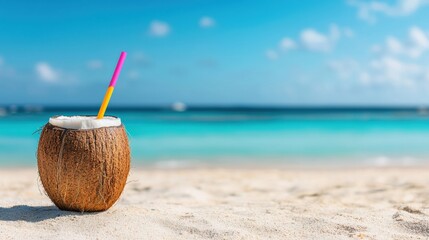 Refreshing coconut drink with a colorful straw sits on a sunlit beach, with soft-focus ocean waves in the background, creating a perfect summer scene