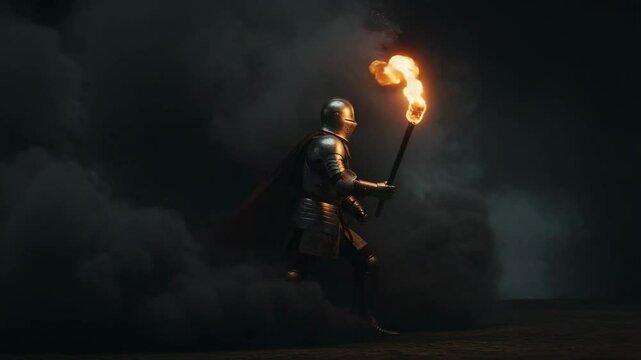 4k video, holding a flaming torch, knight in full plate armor and a helmet, Courageous knight wielding a flaming torch amidst thick black smoke Seamless looping 4k time-lapse virtual video, 