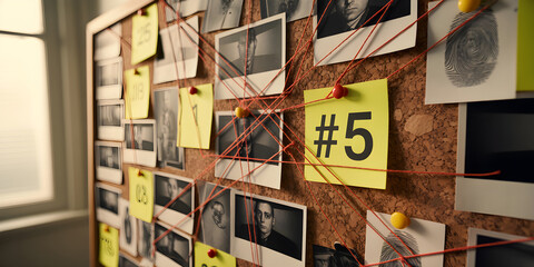 Detective Evidence Board with Photos, Fingerprints, and Red Strings