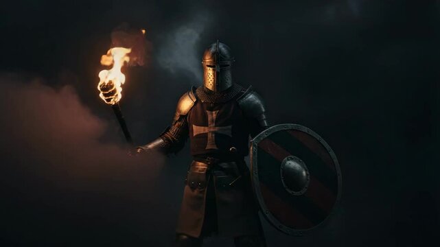 4k video, Courageous knight wielding a flaming torch amidst thick black smoke Seamless looping 4k time-lapse virtual video, knight in full plate armor and a helmet, holding a flaming torch, 