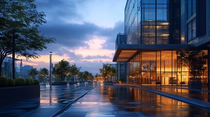 Modern Cityscape Evening Architecture Building Design Urban Night Lights wet sky rain blue dark view