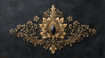 Opulent Gold Damask Ornament  Black Background  Rococo Design  Luxury Texture