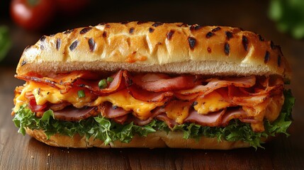Ham and Cheese Sandwich with Lettuce on a Wooden Surface