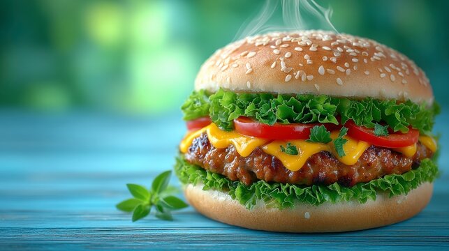 Juicy Cheeseburger Sesame Bun Lettuce Tomato Wooden Table Delicious Fast Food - Powered by Adobe
