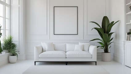 A white room with a white couch and a white wall with a black frame
