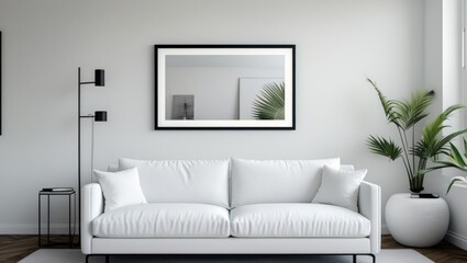 A white room with a white couch and a white wall with a black frame