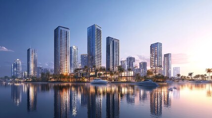 Fototapeta premium Luxury Waterfront Cityscape Modern Highrise Buildings Evening Skyline sea palm view urban night 