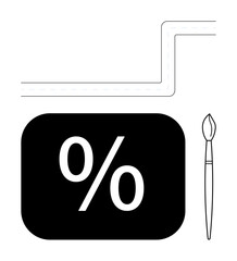 Percentage sign in bold rectangle beside paintbrush and abstract corner shape. Ideal for creativity, design, finance, discount, education, illustration, branding. Flat simple metaphor