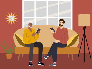 Son teaching his elderly dad how to use smartphone. Teaching seniors to use smartphones concept