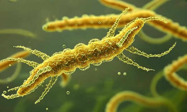 Microscopic view of a vibrant microorganism swimming among bacteria in a fluid environment