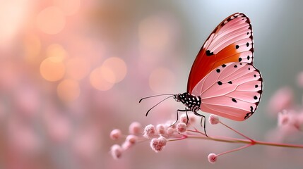 Obraz premium Pink butterfly perched on a delicate floral bloom with glowing bokeh