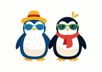Cute Penguins Summer Outfit Cartoon Animal Beach Scene
