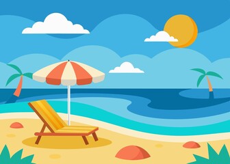 Sea Beach Sun Loungers Cartoon Vector Summer Vacation Scene