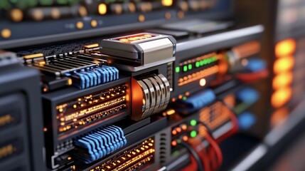 Close-up of server rack components with interconnected circuitry and glowing indicators
