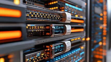 Close-up of server rack with glowing components, showing intricate details of network hardware