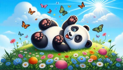 Playful panda rolling in colorful meadow with butterflies sunny day digital art whimsical environment
