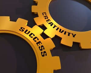 Influence of creativity on success. Cause and effect metaphor. Text on the gears. 3D render
