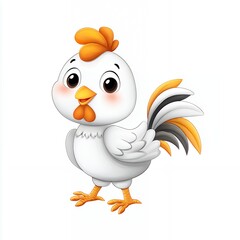 Naklejka premium Cute Cartoon White Rooster Illustration with Orange and Black Feathers