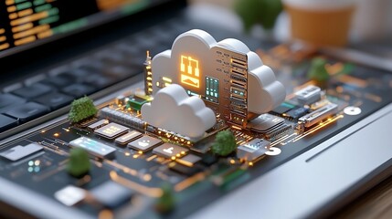 Cloud computing integrated into a laptop circuit board, showcasing miniature cityscapes inside the cloud, representing data storage and processing