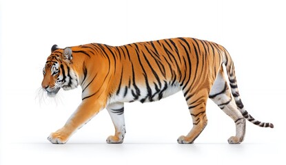 Fototapeta premium Striped Tiger Walking on White Background