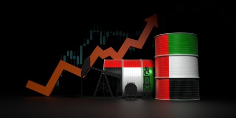 Increase of oil production and consumption concept. Oil barrels with United Arab Emirates national flag. Growth arrow and financial stock market chart. 3D render
