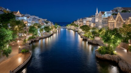 Obraz premium Nighttime Asian Town Canal Illuminated Buildings Boats Reflections