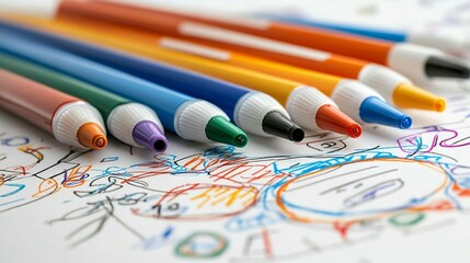 Colorful markers and children's drawings.  Close-up of various colored markers arranged on a page with child's artwork