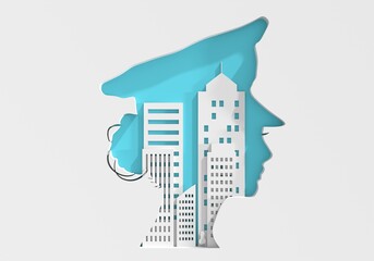 Policewoman face side view icon featuring buildings icons. Elegant silhouettes of a female head. Avatar profile sign. 3D render