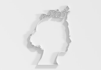Profile view silhouette of a princess or queen. Cute girl portrait. Fashion branding emblem. 3D render