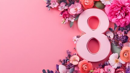 number 8 with floral decorations for the International Women’s Day banner and background