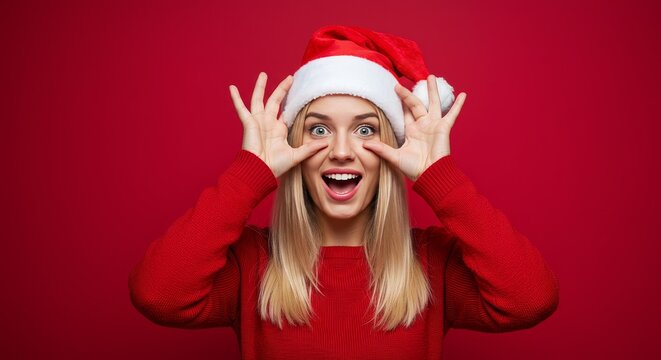 Photo of a Cheerful Young Woman in a Red Sequin Outfit and Santa Hat