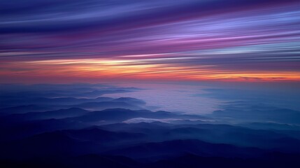 Fototapeta premium Skyline Symphony: The image showcases the ethereal beauty of a vibrant sunset, where the sky transforms into a mesmerizing canvas of colors, and the foreground melts into soft, dreamy hues. 