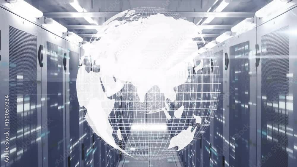 Poster at start digital globe appearing in server racks and rotating while data streaks showing network