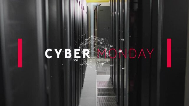 Red rectangle flashing starting letters sliding and wireframe sphere pulsing forming Cyber Monday