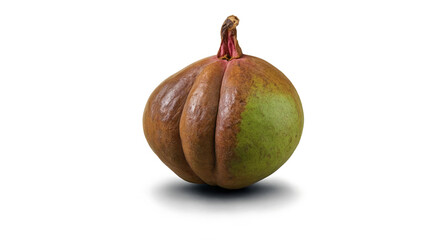 Close-up of a single, round fruit with contrasting colors.