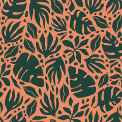 Bold maximalist tropical vector background. Modern botanical abstract seamless pattern. Groovy allover print with tropical leaves, branches and flowers