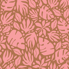 Bold maximalist tropical vector background. Modern botanical abstract seamless pattern. Groovy allover print with tropical leaves, branches and flowers