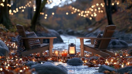 Cozy autumnal riverside setting with string lights, candles, and wooden chairs
