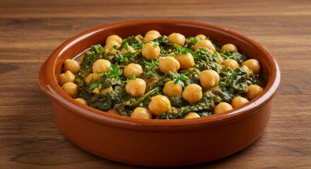 Photo of a Cooked Meal with Chickpeas and Green Vegetables in a Brown Bowl