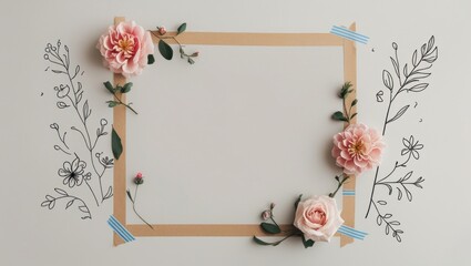 Journal-style image frame with taped borders and floral doodles