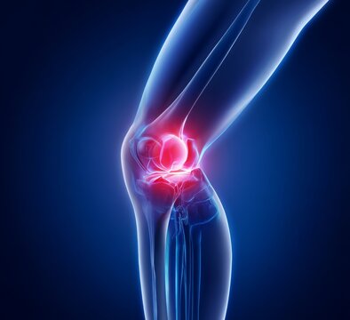 3D medical illustration of knee pain with glowing red damage point on blue background, highlighting joint injury and inflammation