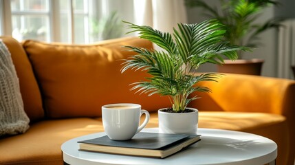 Obraz premium Cozy living room scene with a cup of coffee, a plant, and a book on a small table beside an orange couch. Sunlight streams in through the window
