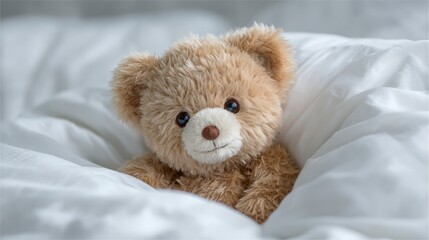 Cute Teddy Bear in Bed  Soft Plush Toy  Cozy Sleep  White Bedding  Child s Room Decor