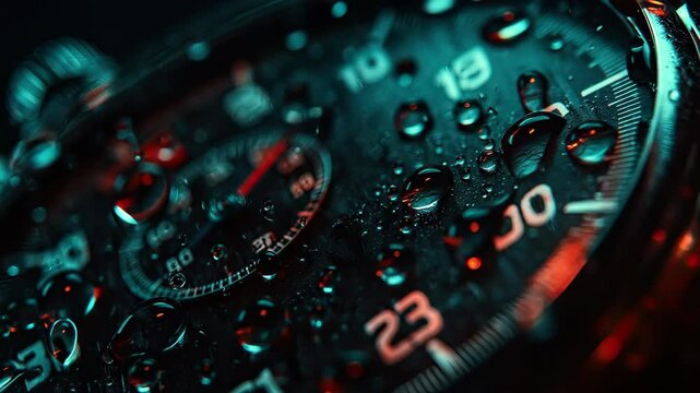 Illuminated car speedometer shows low speed reflecting sleek wet surface at night